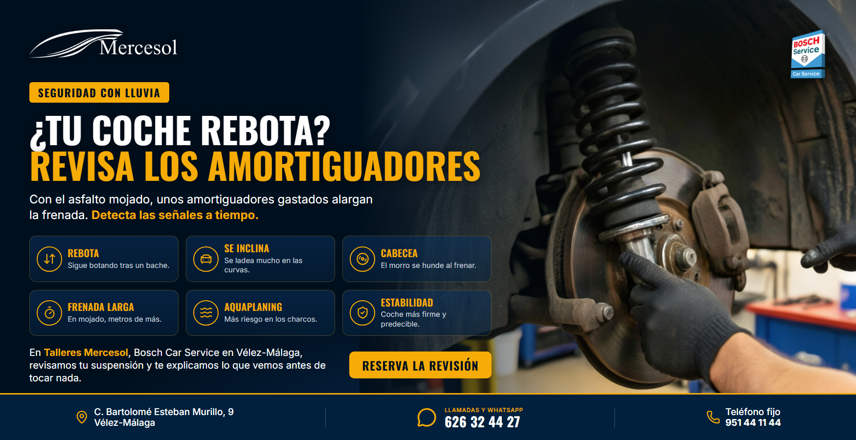 Amortiguadores y lluvia: cuándo revisarlos · Talleres Mercesol, Bosch Car Service en Vélez-Málaga