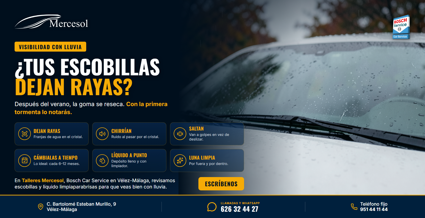 Cambiar escobillas antes de las lluvias · Talleres Mercesol, Bosch Car Service en Vélez-Málaga
