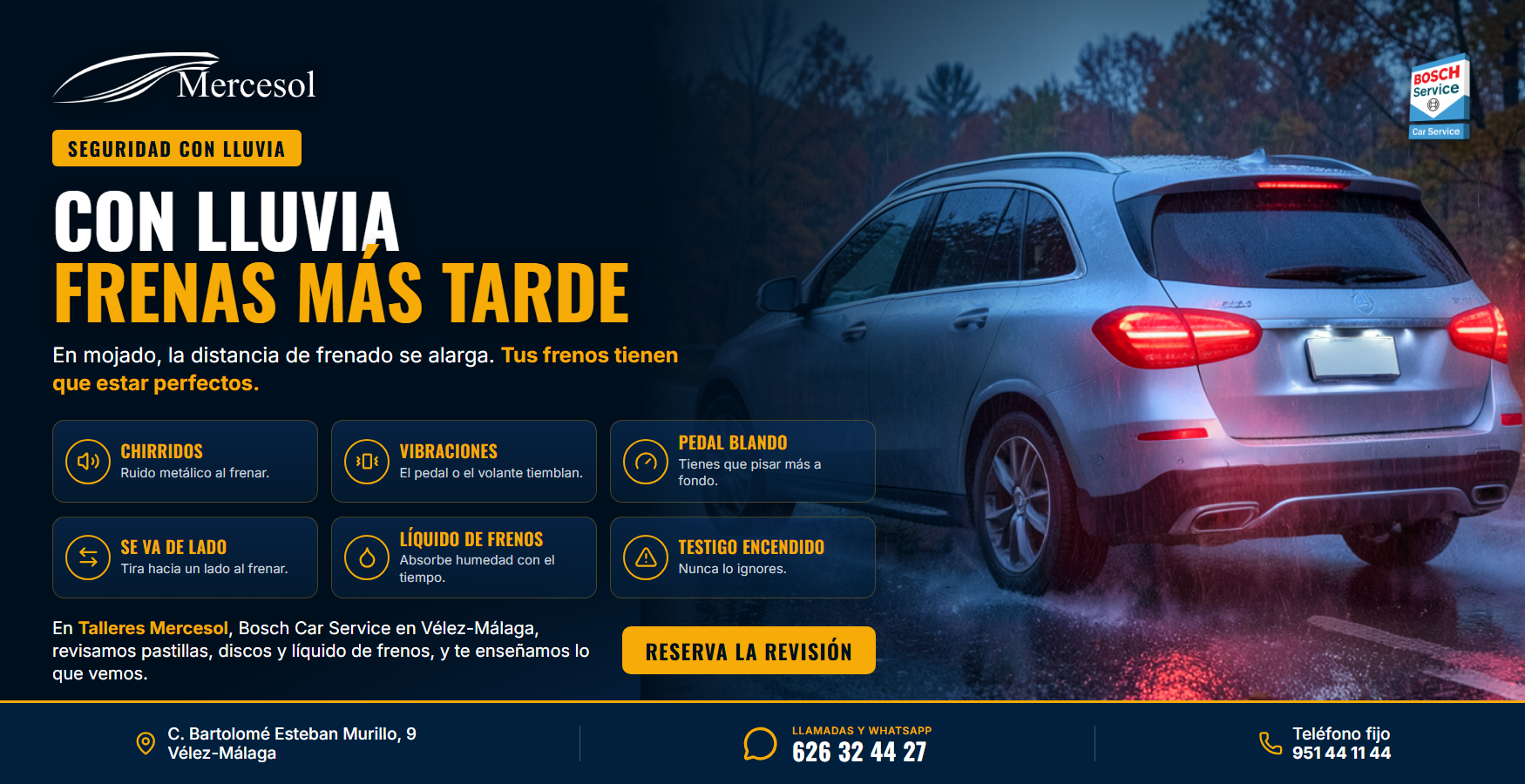 Frenos y lluvia: 6 señales para revisarlos · Talleres Mercesol, Bosch Car Service en Vélez-Málaga